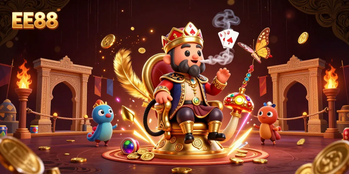 EE88's vibrant casino illustration showcases an energetic hookah-master surrounded by thrilling gaming elements.