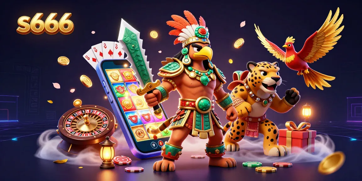 Join the thrill of s666 with Aztec warriors amidst vibrant casino games and rich symbols of chance.