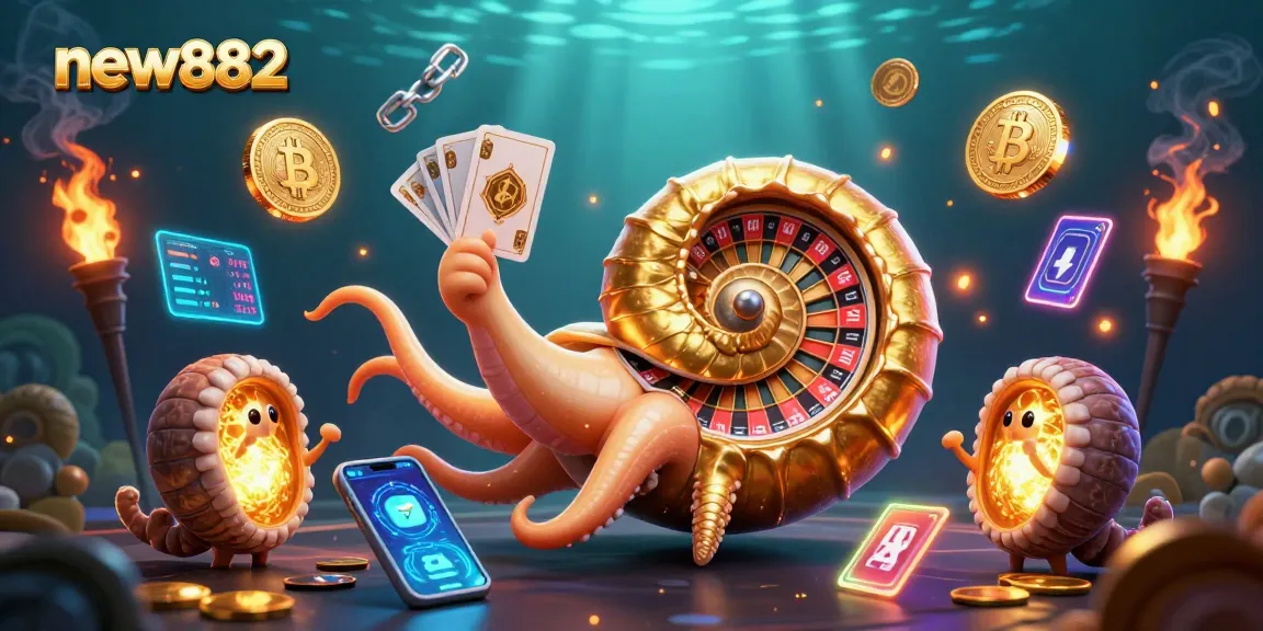 Experience thrilling wins with new882 in a vibrant 3D casino scene featuring a giant nautilus roulette wheel.