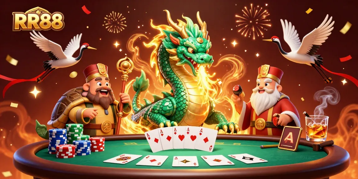 Experience the thrilling games of RR88 with a vibrant dragon and poker scene.