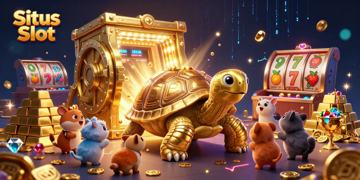 Situs Slot fun with a colossal golden tortoise pinball machine surrounded by jewels and small animals.