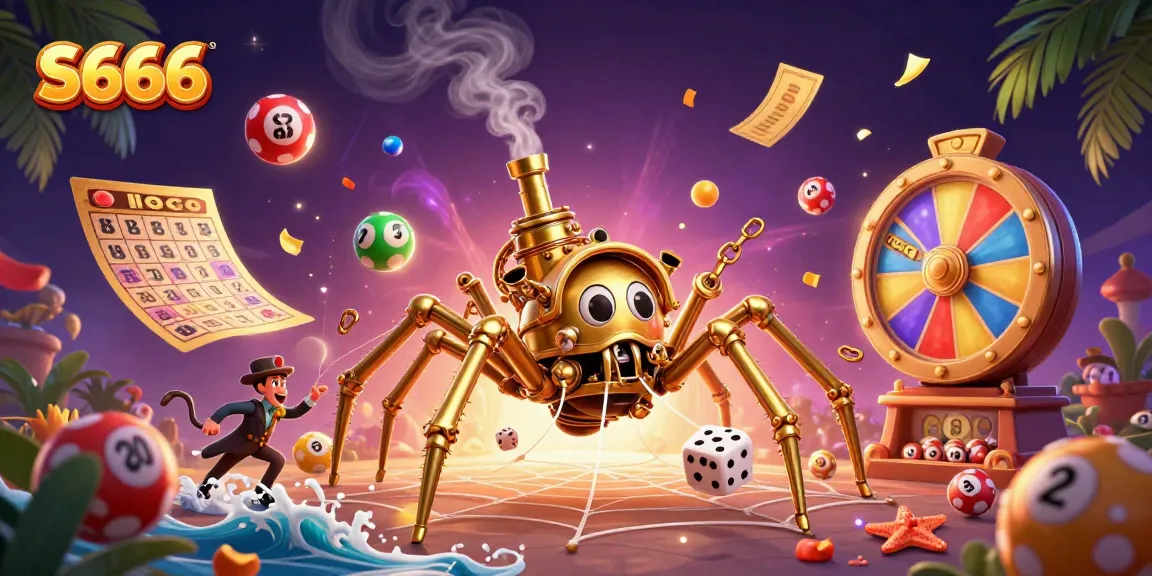 S666 captivates players with a vibrant casino scene featuring a steampunk spider and colorful game elements.