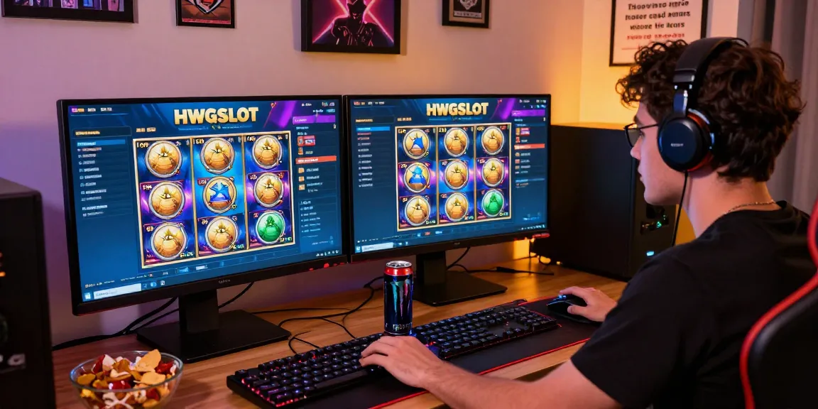 Engaged player enjoying HWGSLOT online slots at a vibrant gaming setup with colorful displays and snacks.