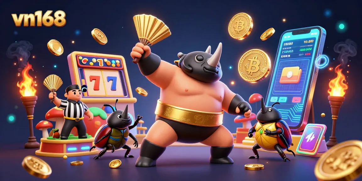 Engage in thrilling gaming action with vn168 featuring a beetle champion stomping coins amidst vibrant slot elements.