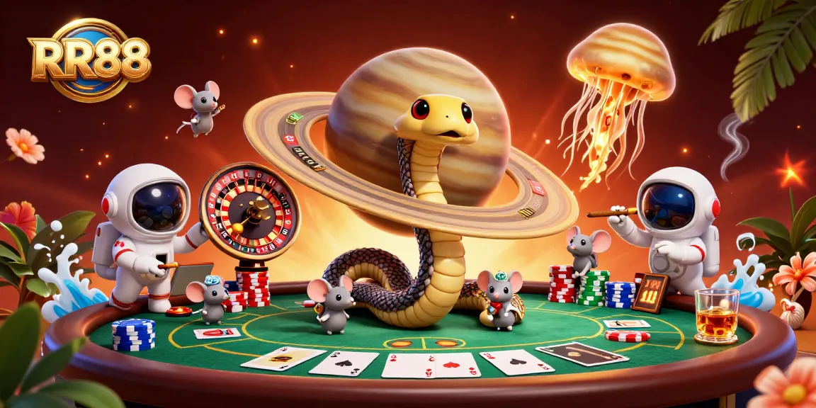Betting with RR88 at a vibrant cosmic casino, illustrating playful gameplay elements and dynamic characters.