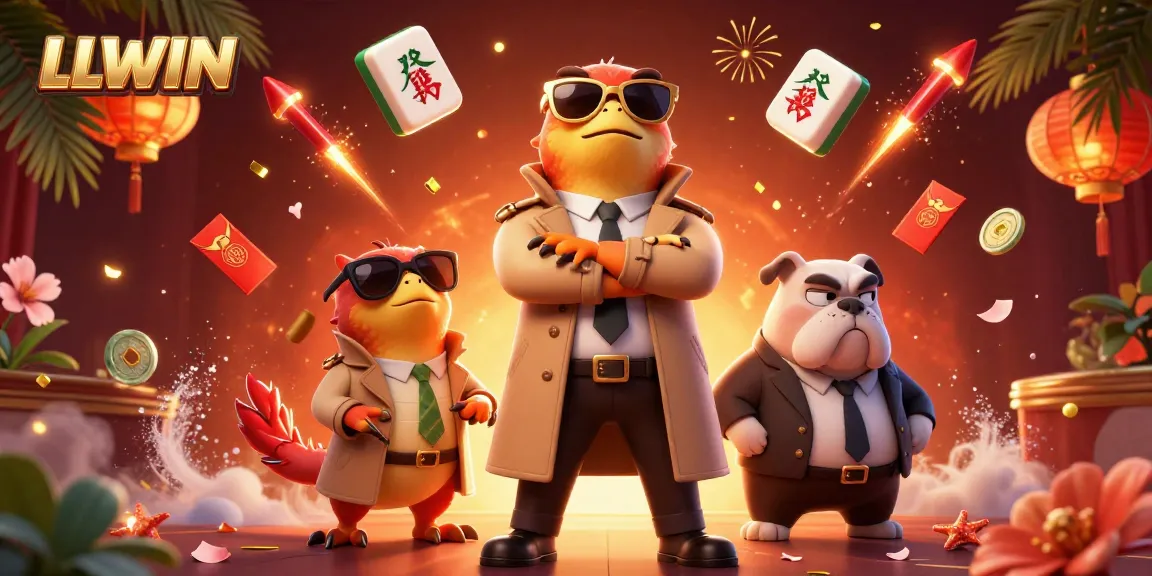 LLWIN showcases a lively 3D casino scene with raptors and a bulldog bouncer amidst gaming elements.