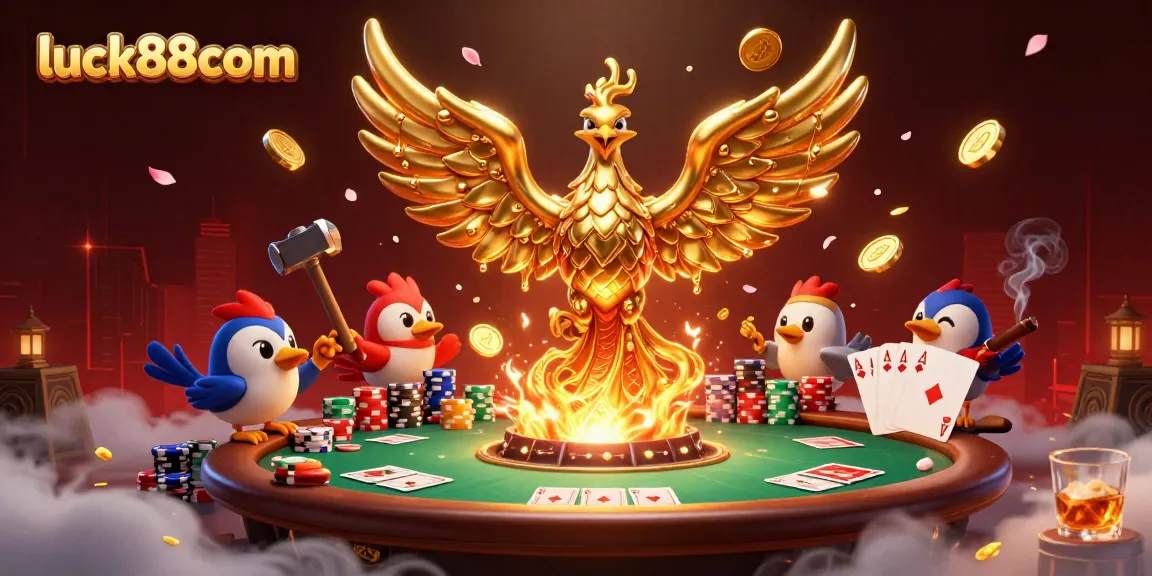 Experience exciting poker gameplay at luck88com with a molten golden phoenix and dynamic casino elements.
