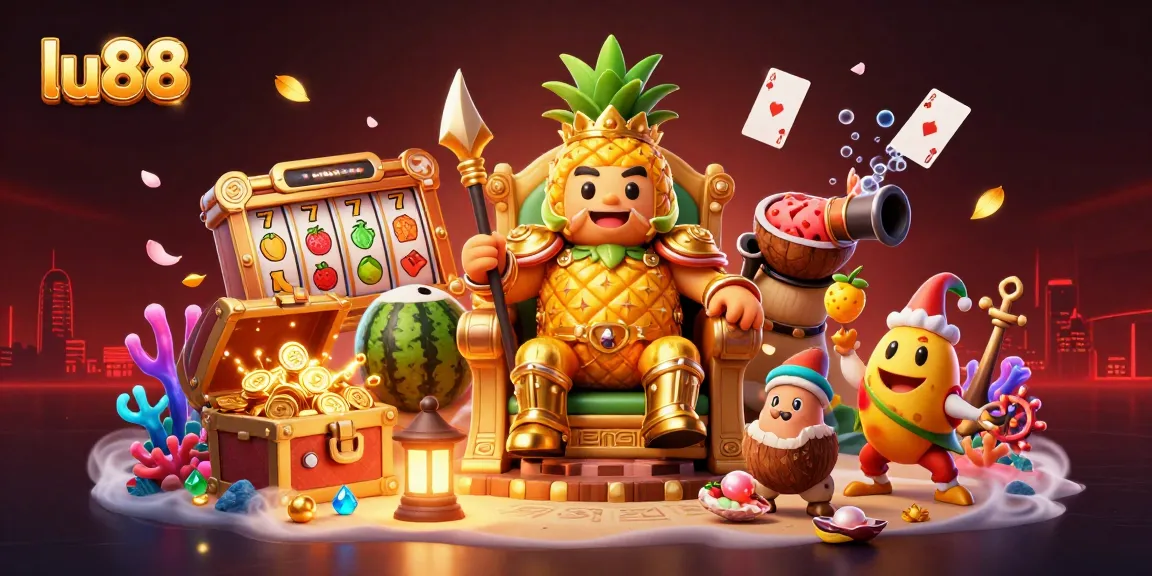 Engage with the vibrant world of lu88, featuring a golden pineapple king and dynamic casino elements in a colorful, action-packed scene.