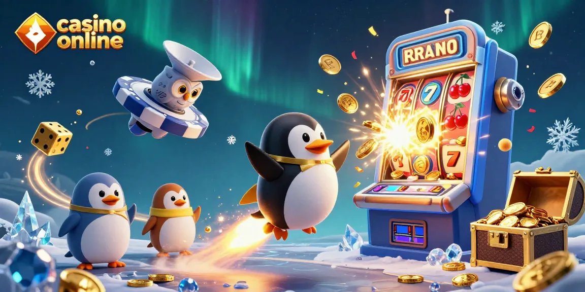 Jocuri captivante la casino online, cu un pinguin zburător și sloturi pline de câștiguri.