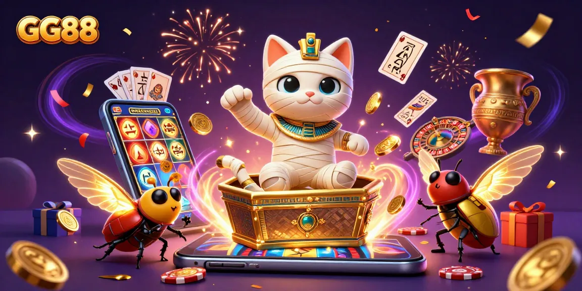 Experience GG88's vibrant casino atmosphere with a mummy cat bursting from a sarcophagus, golden coins, and hieroglyphs.