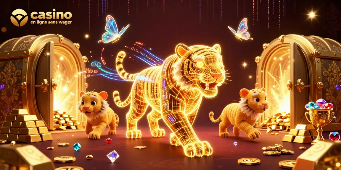 Illustration 3D d'un tigre doré et de papillons numériques dans un casino en ligne sans wager.