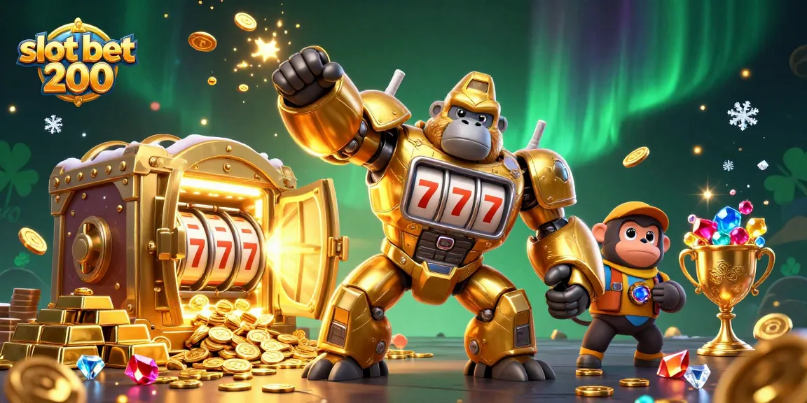 Engage with slot bet 200 in this rich scene featuring a golden gorilla mech amidst treasures.