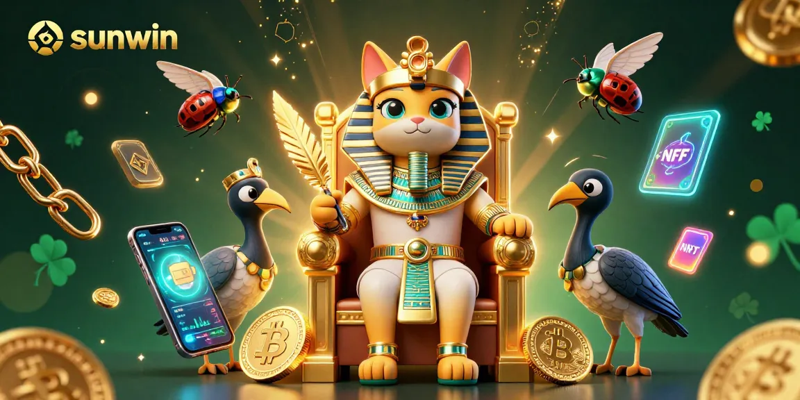 Win big with sunwin in a vibrant 3D casino scene featuring a pharaoh cat and crypto elements.