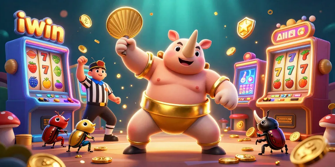 Play exciting slot games with iwin's colorful arcade scene featuring a mighty beetle champion.