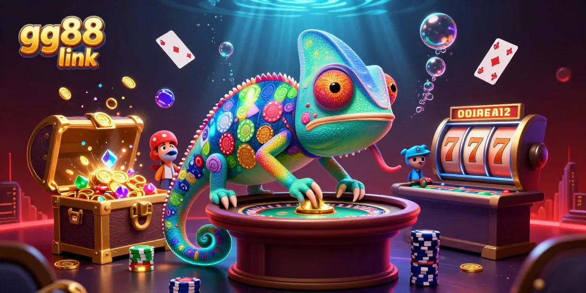 Play exciting games on gg88 link featuring a colorful chameleon and casino elements!
