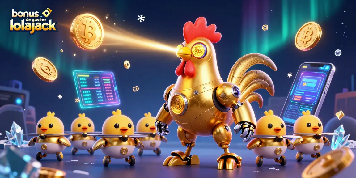 Engage with the bonus de casino lolajack, featuring an exciting scene of a golden rooster robot shooting laser patterns amid crypto elements.