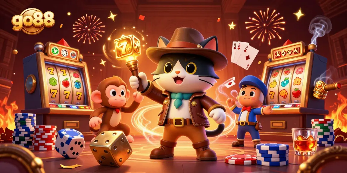 Experience the thrill of winning at go88 with a vibrant casino scene featuring slot machines, chips, and characters.