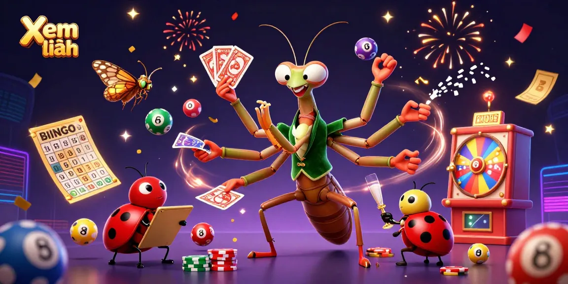 Xem thêm reveals vibrant casino action with a giant mantis card sharp and ladybug pit boss amidst colorful lottery elements.