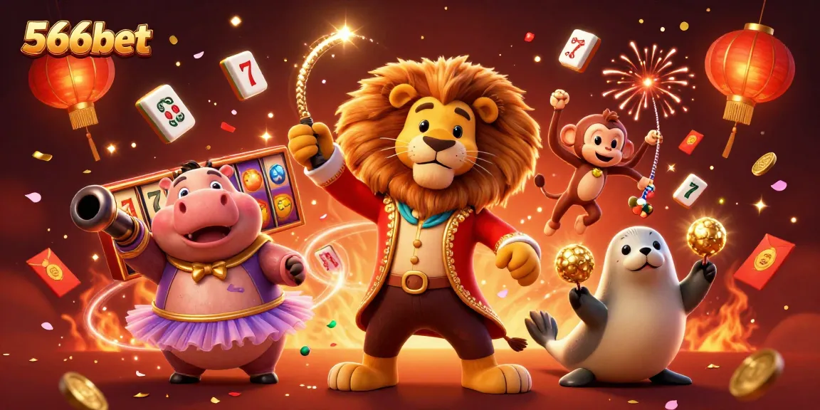 Join the excitement at 566bet with animated characters celebrating casino wins amidst vibrant game elements.