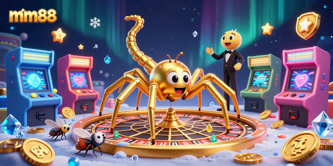 Engage with mm88's dynamic casino scene featuring a golden spider web roulette wheel.