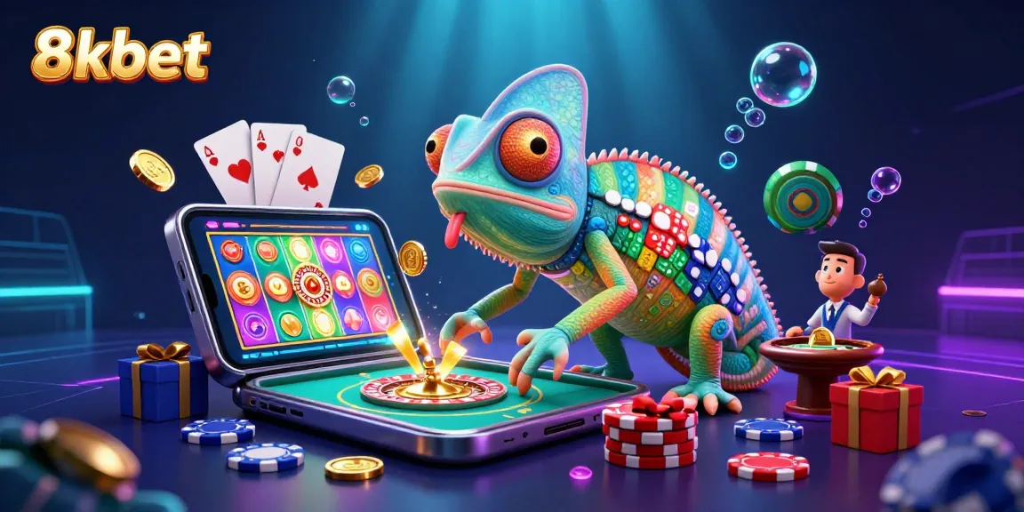 Engage in thrilling games at 8xbet with a vibrant illustration showcasing a chameleon casino owner and dynamic gaming elements.