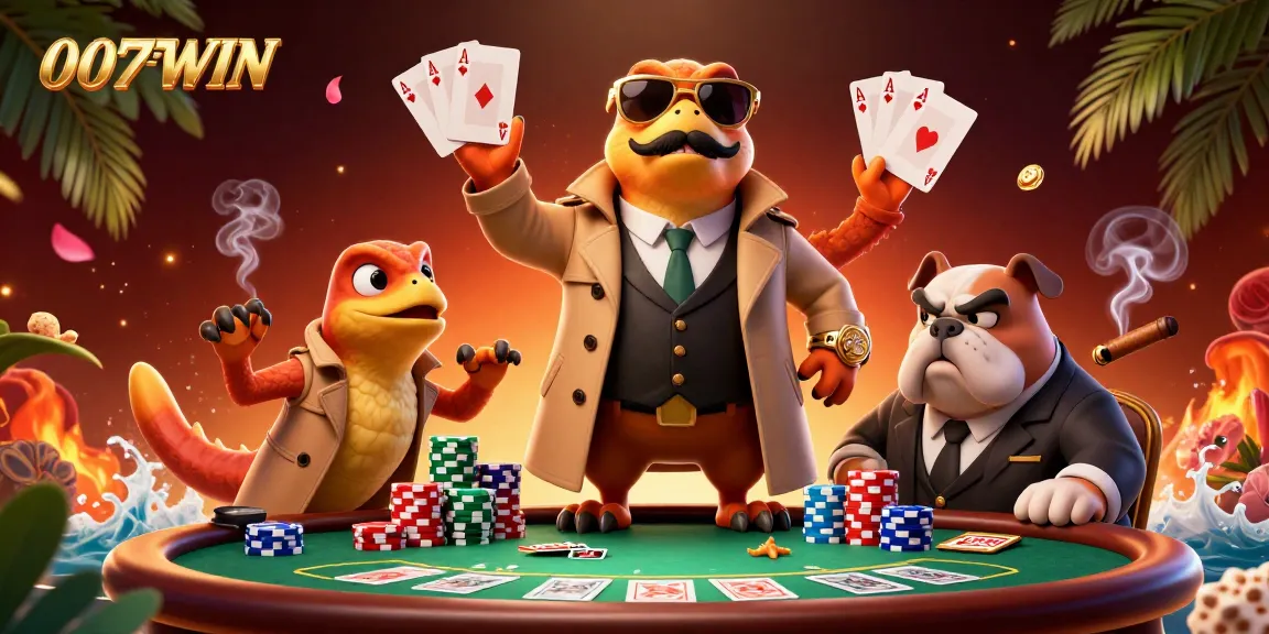 Raptors disguised as a tall person entering a 007WIN VIP casino with poker elements.