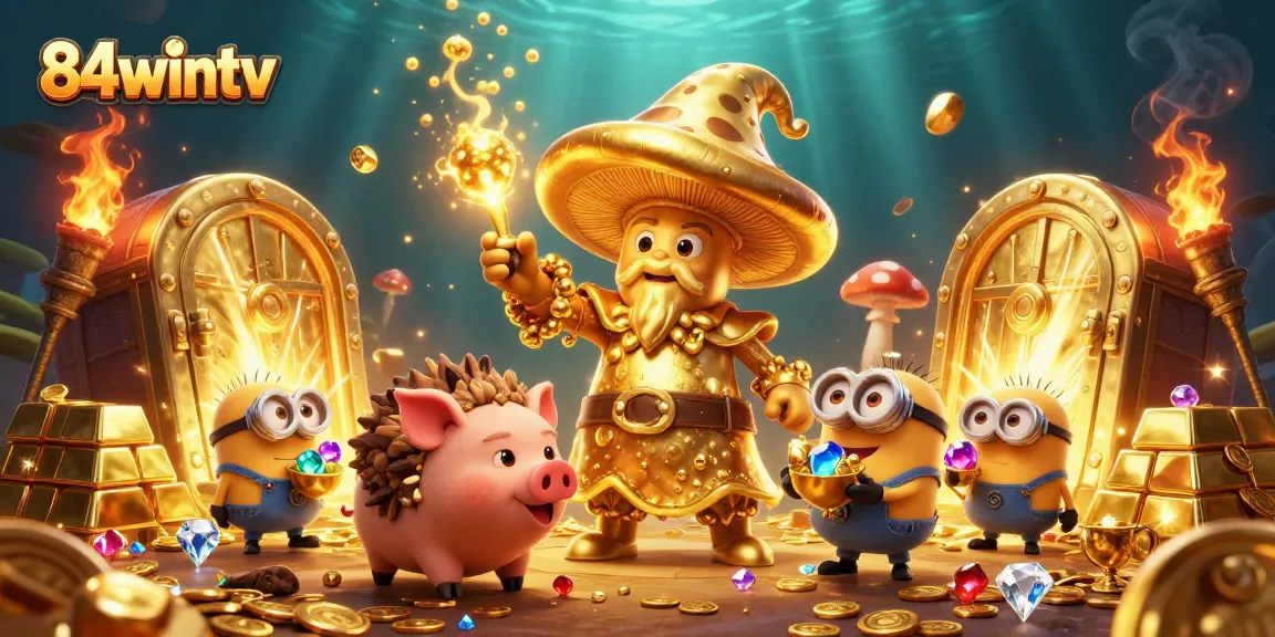 Experience the magic of 84wintv with treasures unveiled by golden wizardry and pig companions.