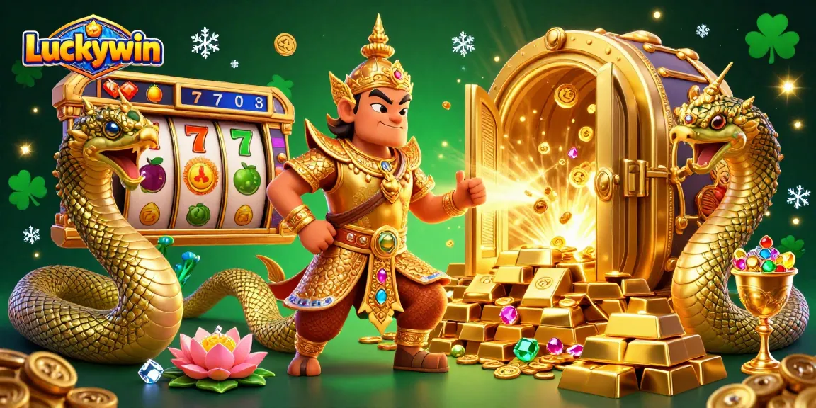Experience exciting gameplay with Luckywin, featuring vibrant slot reels and treasure in a dazzling casino setting.