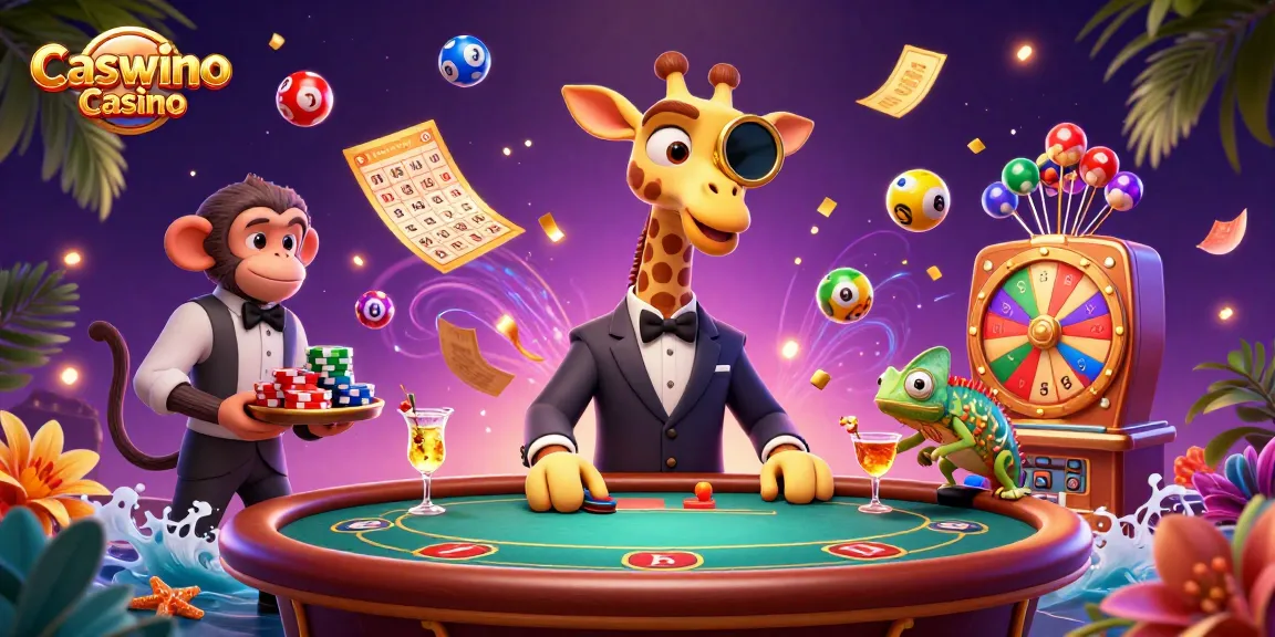 Join high-roller giraffe at Caswino Casino, enjoying dynamic gaming action with vibrant elements.