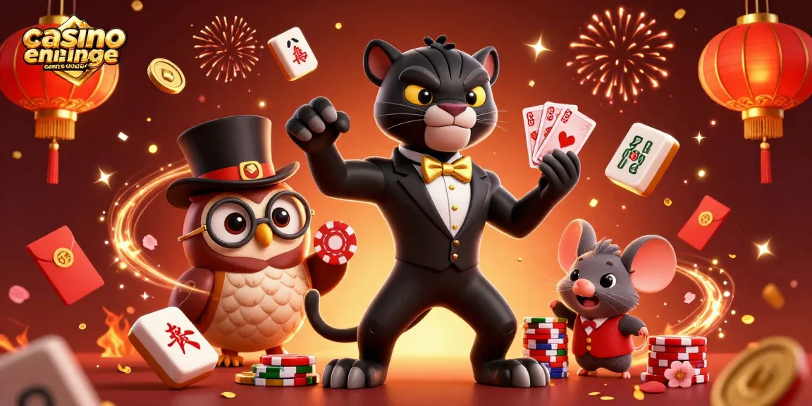 Jouer sur un casino en ligne sans wager avec une illustration dynamique de casino et personnages amusants.