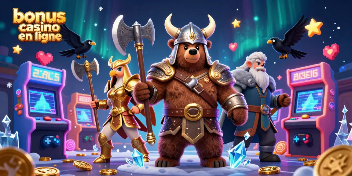 Viking et aigle combattant autour de machines de jeu colorées dans un bonus casino en ligne immersif.