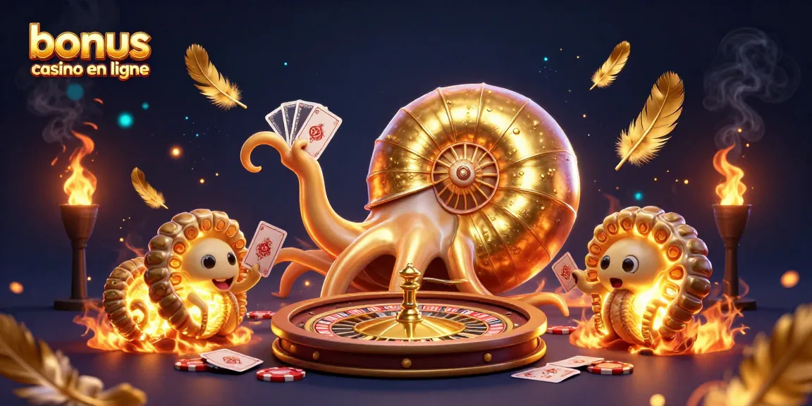 Plongez dans l'univers des bonus casino en ligne avec un nautilus géant jouant des cartes entouré d'effets enflammés.