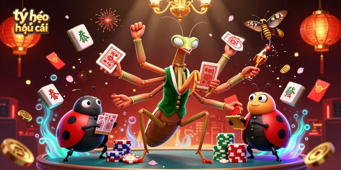 Engage with tỷ lệ kèo nhà cái in a vibrant, dynamic casino scene featuring a giant praying mantis and ladybug pit boss.