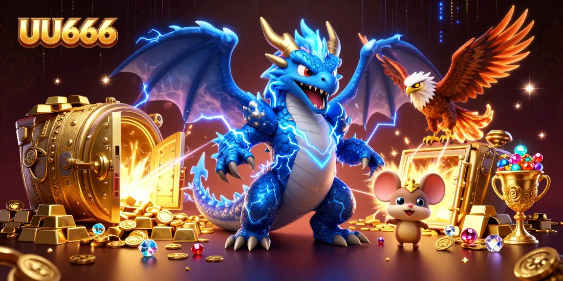 Experience exciting online gambling action at UU666 with a vibrant dragon, hawk, and treasure elements.