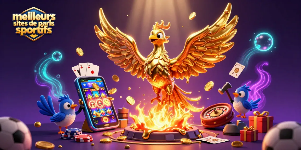 Visualisez les meilleurs sites de paris sportifs avec un phénix doré et des éléments de jeu captivants.