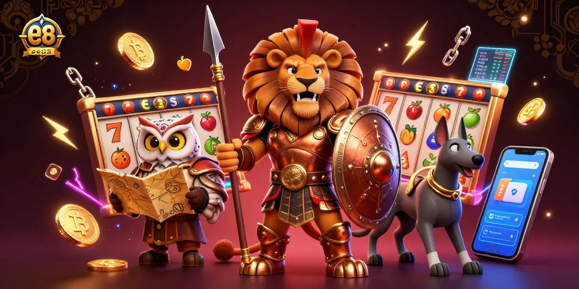 Experience the excitement of ee88 with a dynamic casino scene featuring a Spartan lion, owl strategist, and greyhound messenger.