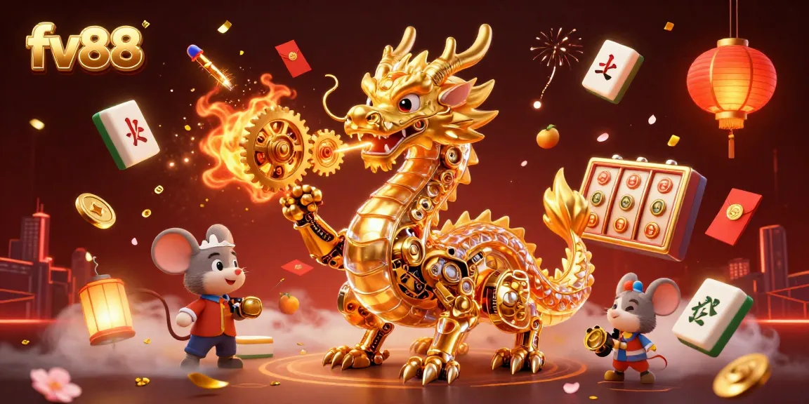 Experience excitement at fv88 with a 3D illustration of a golden dragon and engaging casino elements.