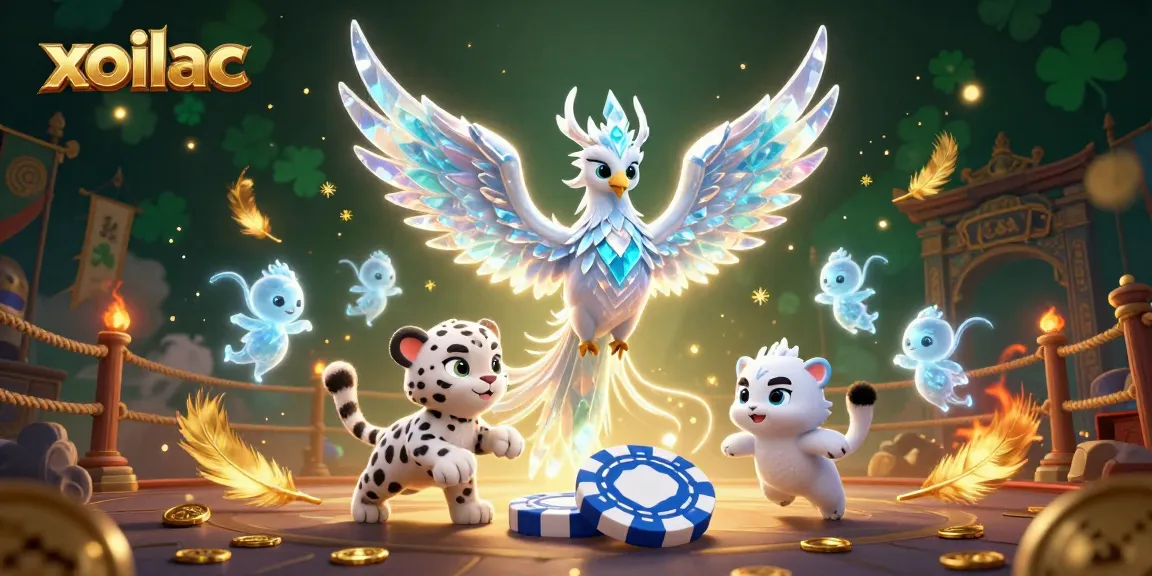 Spin to win on xoilac while enjoying a lively scene with an ice phoenix, glowing sprites, and betting tokens.