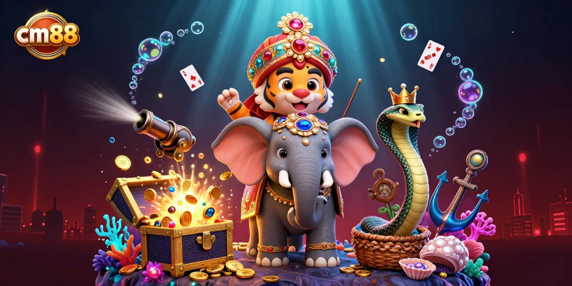 Experience exciting gameplay at cm88 with a lavish 3D casino scene featuring a majestic elephant and royal characters.