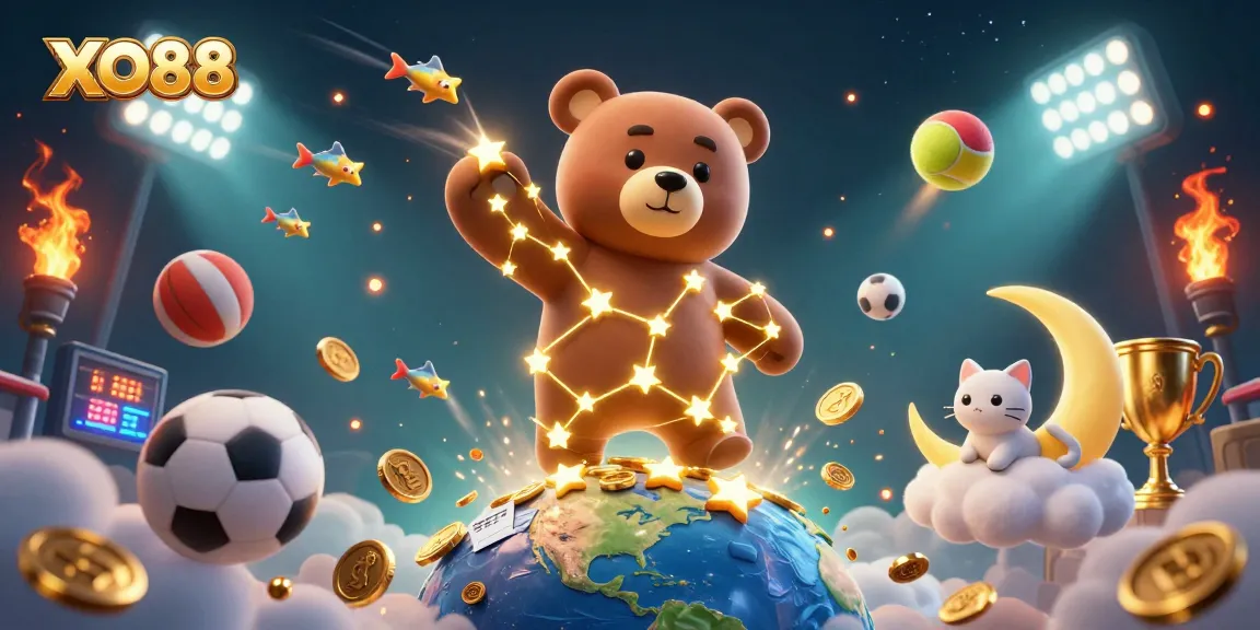 Engage in exciting betting activities with XO88's dynamic casino scene featuring sports elements and vibrant visuals.
