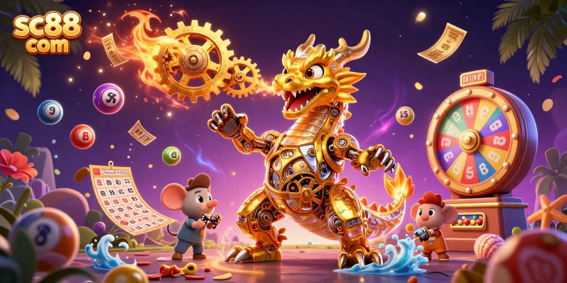 Experience thrilling wins at sc88 com with a golden dragon breathing gears amidst lottery excitement.