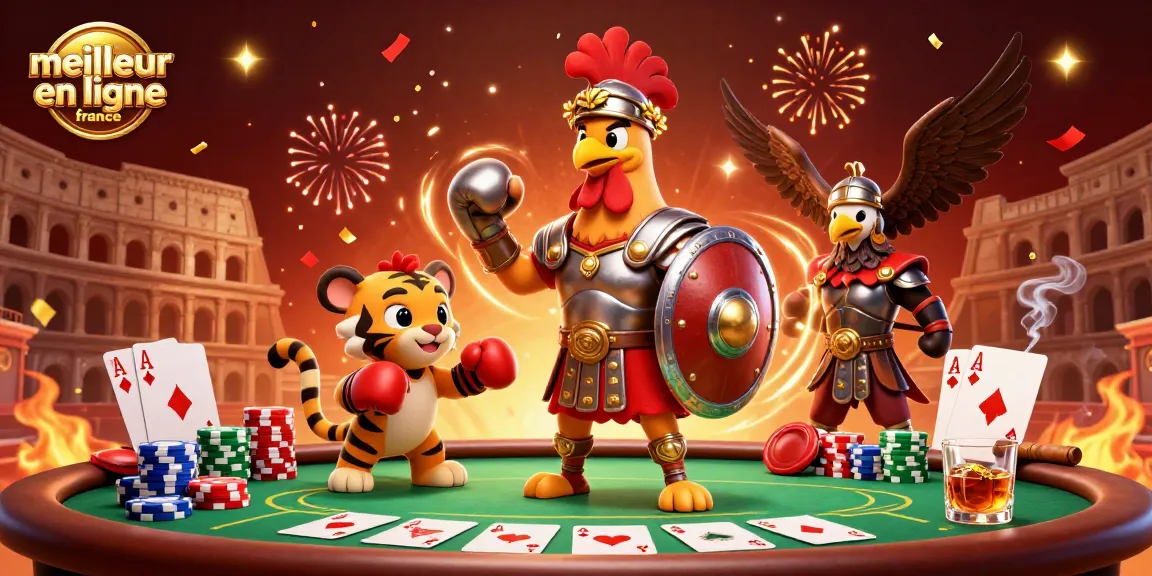 Le meilleur casino en ligne France présente une illustration dynamique de jeu avec un coq gladiateur et des éléments de poker.
