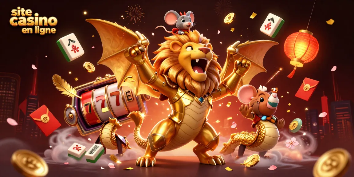 Scène dynamique illustrant un site casino en ligne avec une chimère en armure dorée et un jockey, entourés d'éléments de jeux.