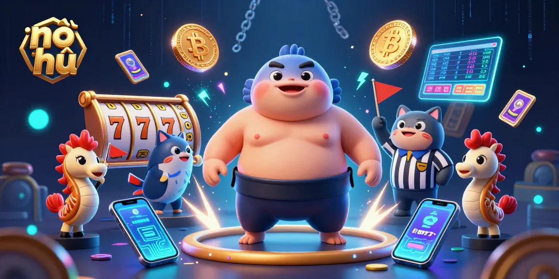 Nổ hũ slot game illustrated with a fugu, catfish referee, and seahorses amid jackpots and crypto coins