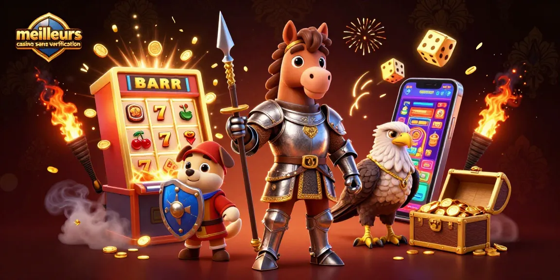 Plongez dans les meilleurs casinos sans vérification avec une scène animée de chevaliers et machines à sous.