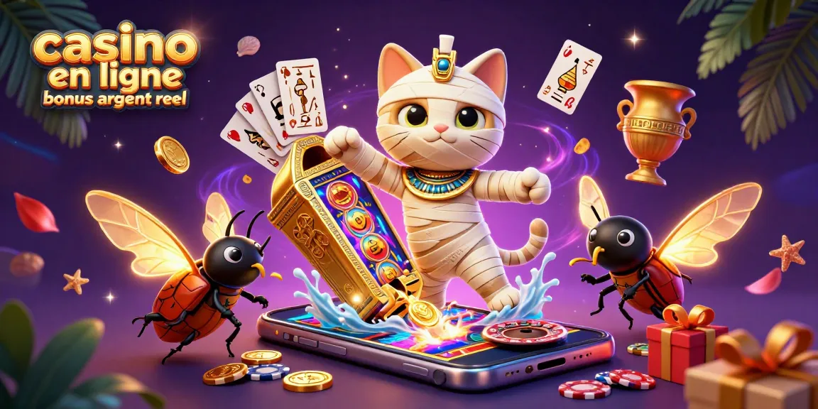 Casino en ligne bonus argent reel illustrant une scène dynamique avec un chat momie égyptien et un scarabée, bougeant au milieu de jeux d’argent.