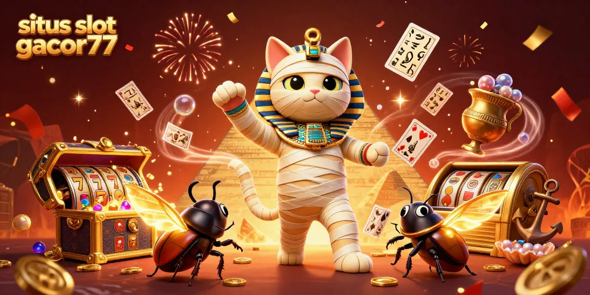 Experience thrilling entertainment with situs slot gacor77 as an Egyptian mummy cat reveals games amidst treasure-chest excitement.