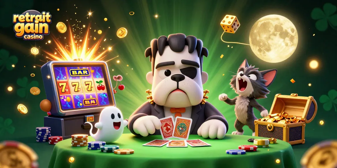 Retrait gain casino : un bulldog Frankenstein distribuant des cartes avec des éléments de jackpot.