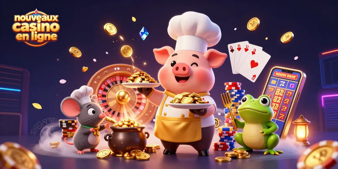 Illustration dynamique représentant de nouveaux casinos en ligne, avec des personnages ludiques autour des jeux d'argent.