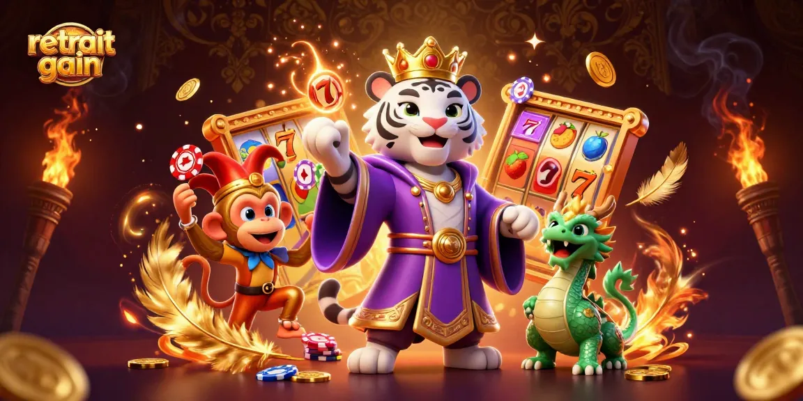 Admirez l'illustration animée du retrait gain casino avec un tigre et un singe aux tables de jeu.